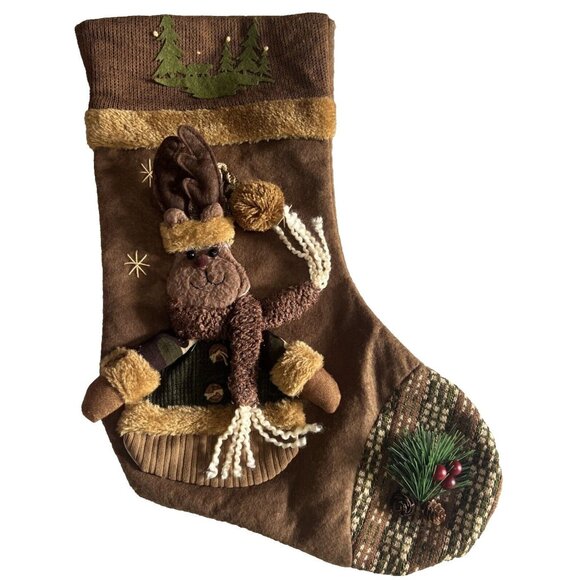 Rustic Christmas Stocking 3D Plush Reindeer Moose Trees Stars & Evergreen Decor - Picture 8 of 10